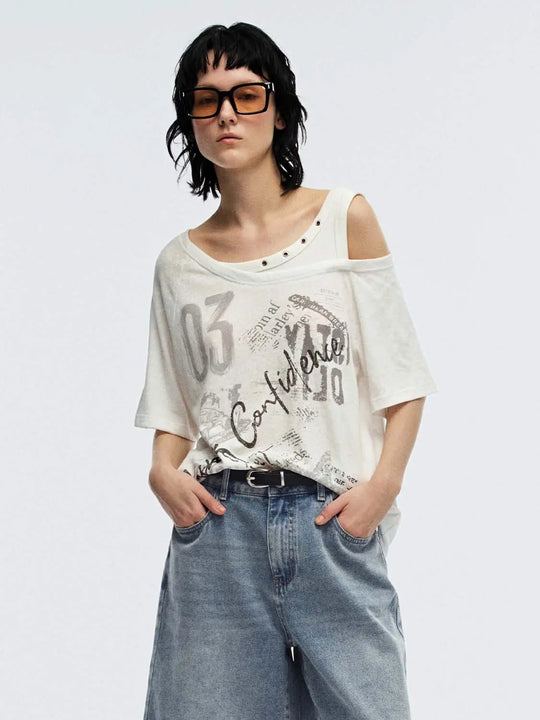 Cotton Graphic Print Sloped Shoulder Tee