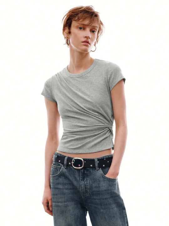 Draped Crew Neck Slim Fit T-Shirts With Slight Stretch