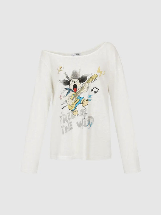 Cotton Graphic Guitar Print One Shoulder Long Sleeve T-Shirts