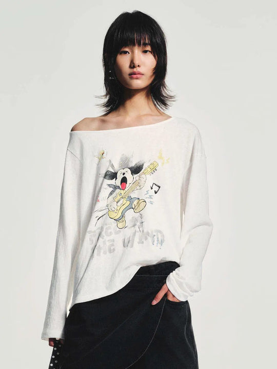 Cotton Graphic Guitar Print One Shoulder Long Sleeve T-Shirt