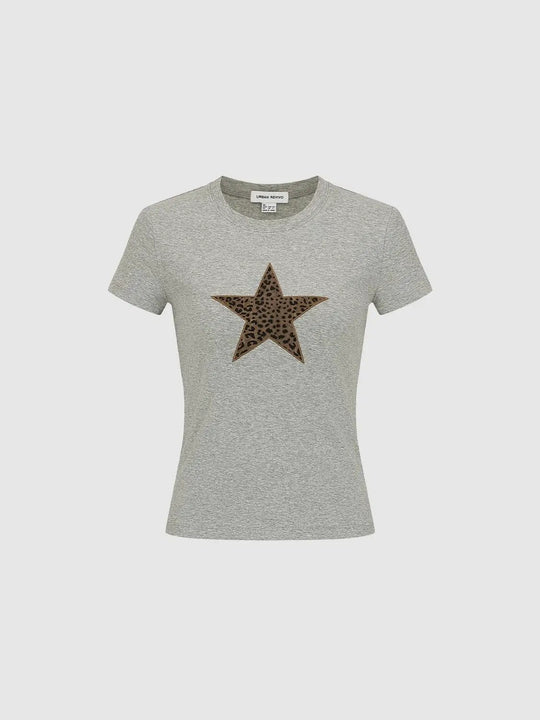 Cotton Elastane Star Leopard Graphic Crew Neck T-Shirts