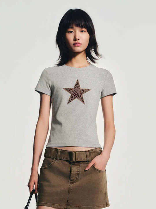 Cotton Elastane Star Leopard Graphic Crew Neck T-Shirt