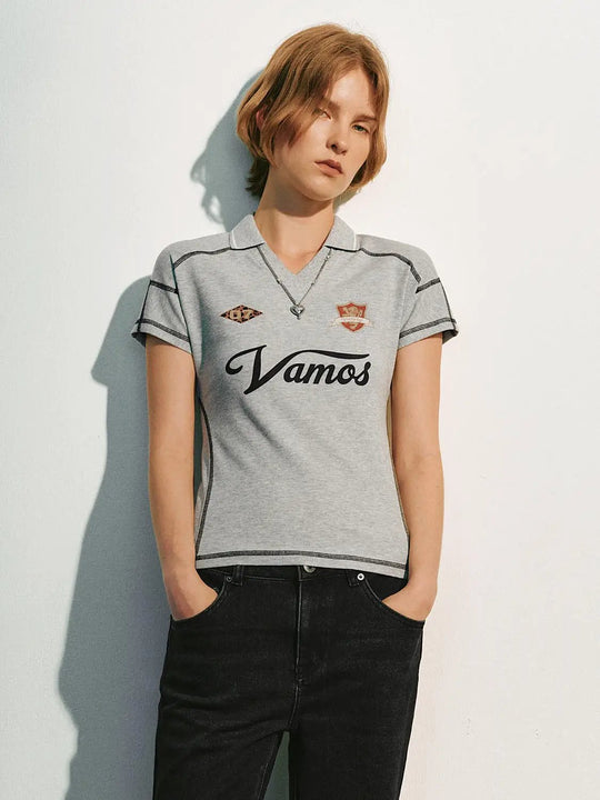 Shoulder Seam Piping Detail Polo Cotton Neck T-Shirt