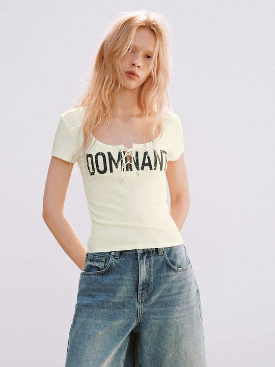 Lace-Up Front String Tie Detail Square Neck T-Shirt