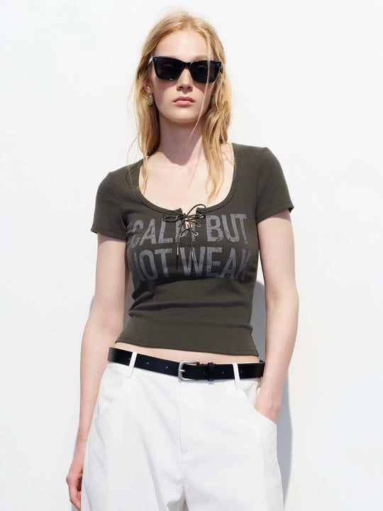 Cotton Lace-Up Front Square Neck Slim-Fit T-Shirt