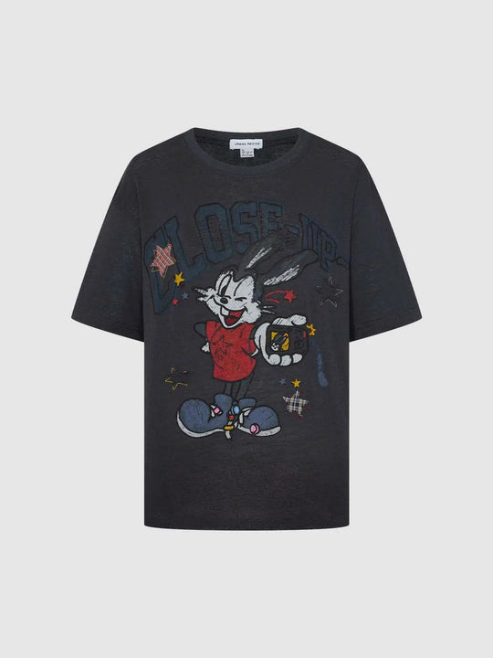 Cotton Graphic Print Distressed Artwork With Vintage Cartoon Character Detail T-Shirt