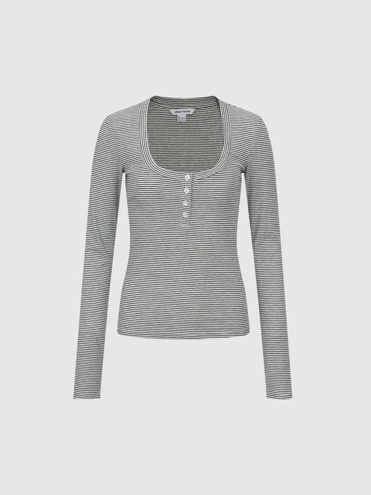 Striped Lyocell Blend Long Sleeve Henley T-shirt