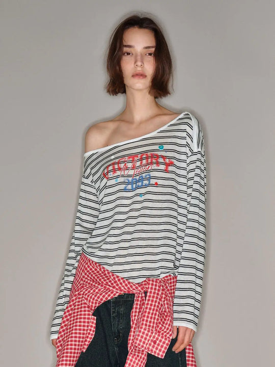 Off-shoulder Striped Lyocell Long Sleeve T-shirt