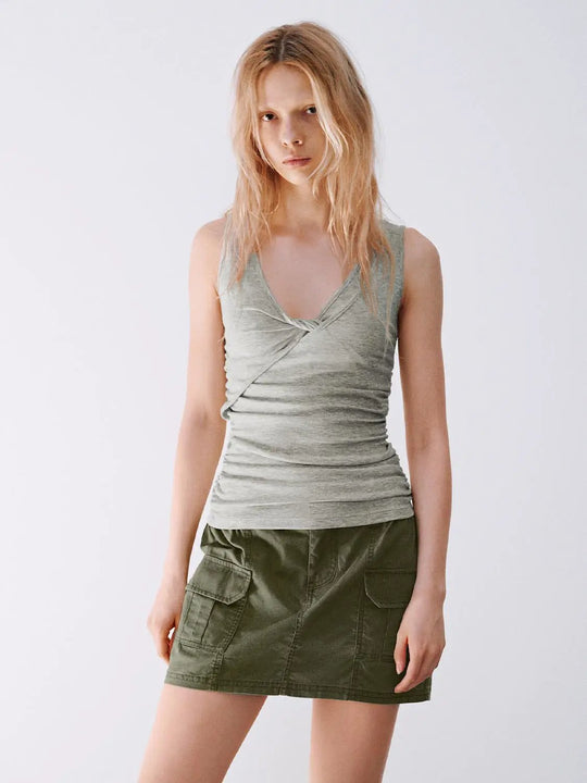 Stretch Knit Twist Front Sleeveless T-Shirt
