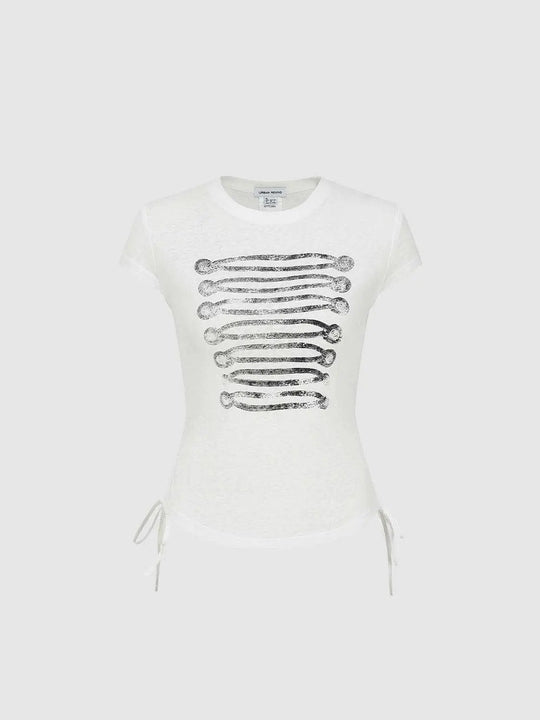 Cotton 63% Thin Stretch Front Wavy Line Graphic Print With Repeated Bands T-shirts