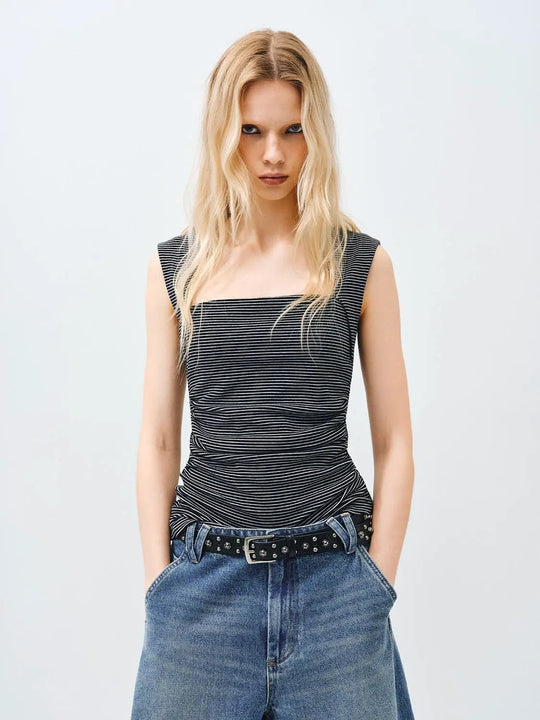 Square Cutout Waist Ruched Striped Sleeveless Tank Top