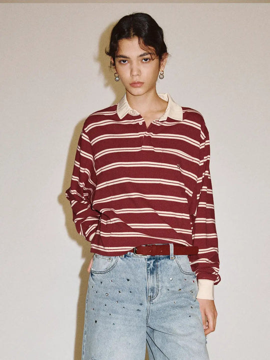 Maroon Striped Cotton Long Sleeve Polo Shirt