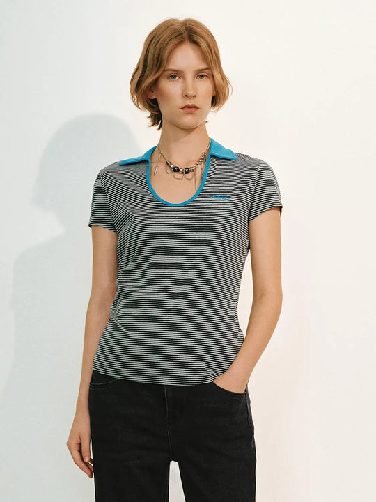 Striped Short Sleeve Blue Collar T-shirt