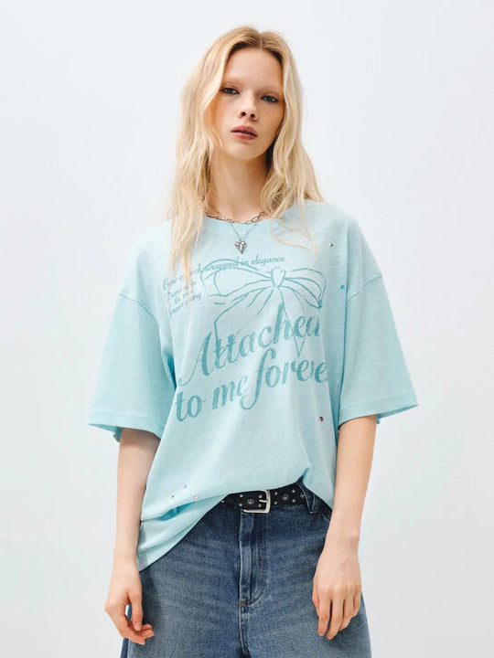 Light Blue Oversized Graphic Print Cotton Blend T-shirt