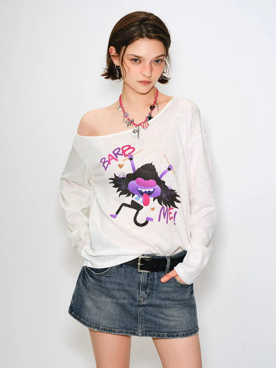 Off-Shoulder Graphic Print Cotton Blend T-shirt