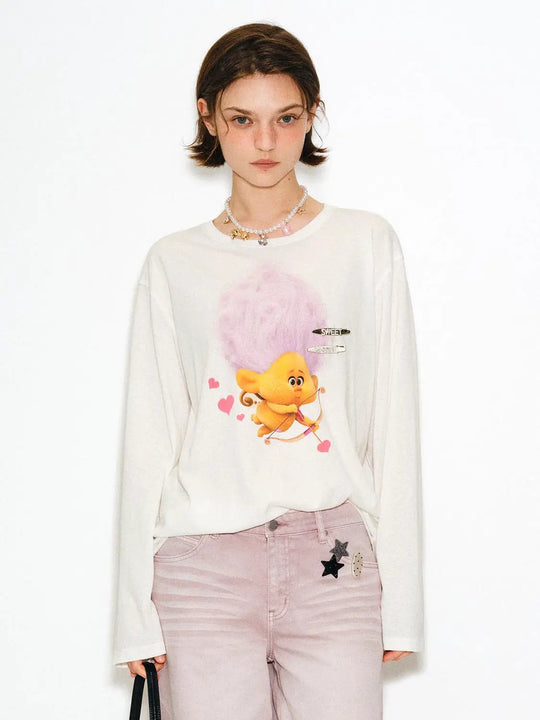Graphic Print Crew Neck Long Sleeve Cotton Blend T-shirt