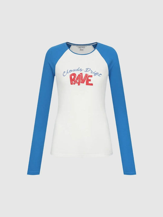 グラフィックプリント カラーブロック クルーネック 長袖Tシャツ