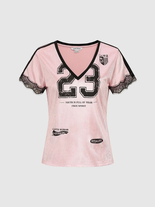 Distressed Number Graphic With Lace Sleeves T-shirt