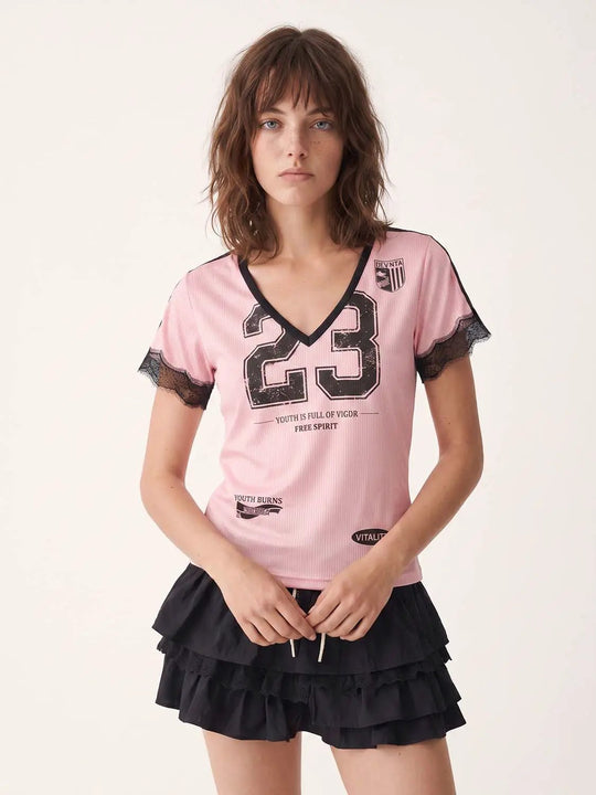 Distressed Number Graphic With Lace Sleeves T-shirt