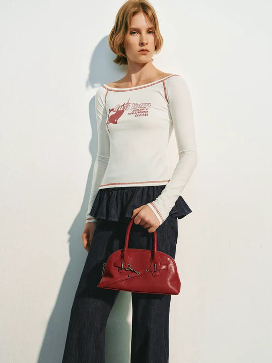 Long Sleeve Red Trim Graphic Print Cotton T-shirt