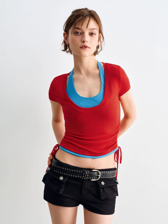 Two-tone Layered Side Tie Ruched Short Sleeve T-shirt