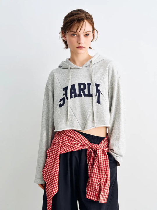 Cropped Drop Shoulder Text Printed Cotton Blend Hoodie