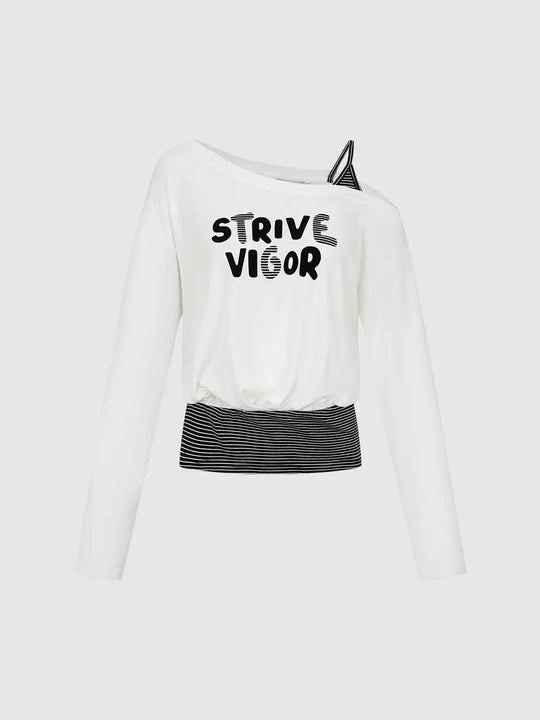 White One Shoulder Graphic Stripe Hem T-shirt