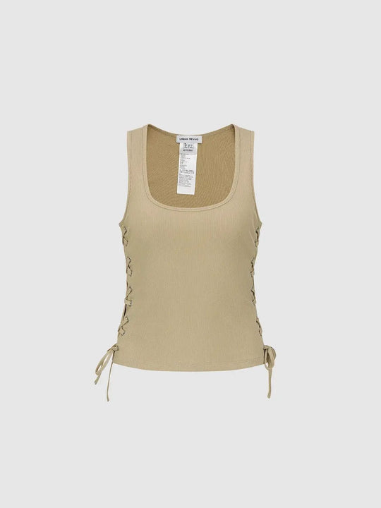 Ribbed Cotton Blend Tank Top With Side Lace-Up