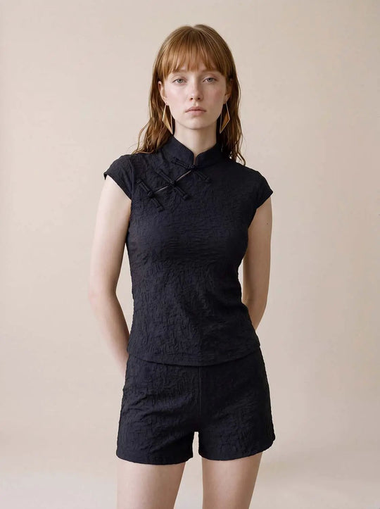 Textured Mandarin Collar Short Sleeve Blouse
