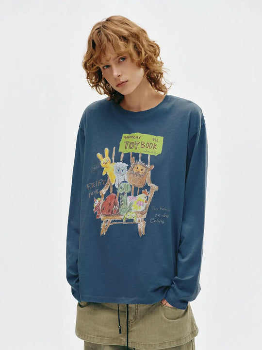 グラフィックプリント クルーネック 長袖 コットンリネンTシャツ
