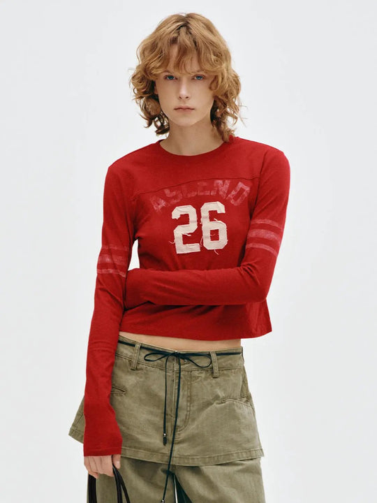 Printed Crew Neck Long Sleeve Cotton Linen T-Shirt