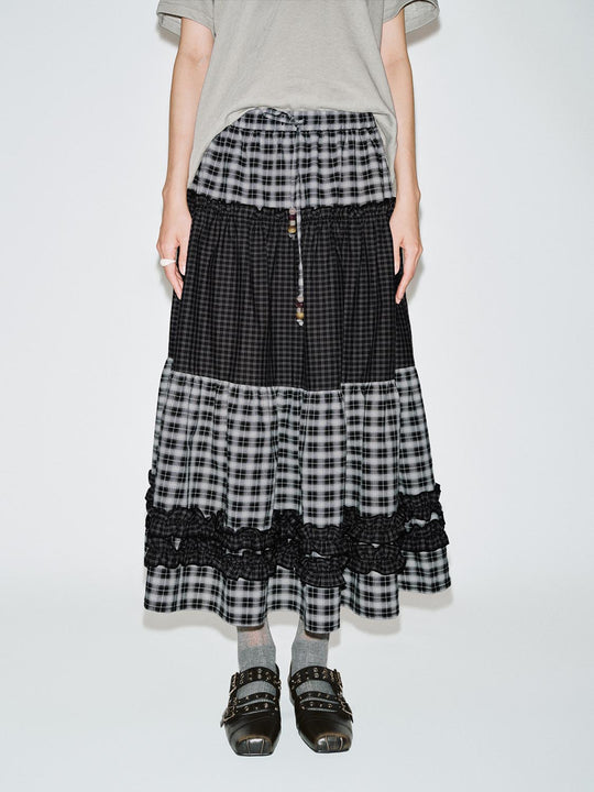 Drawstring Pull On Contrast Check Tiered A-Line Midi Skirts