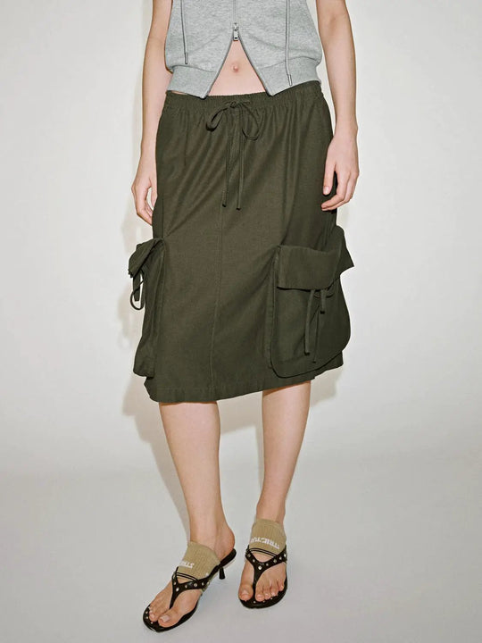 Olive Cotton Drawstring Cargo Flap Pockets Midi Skirts