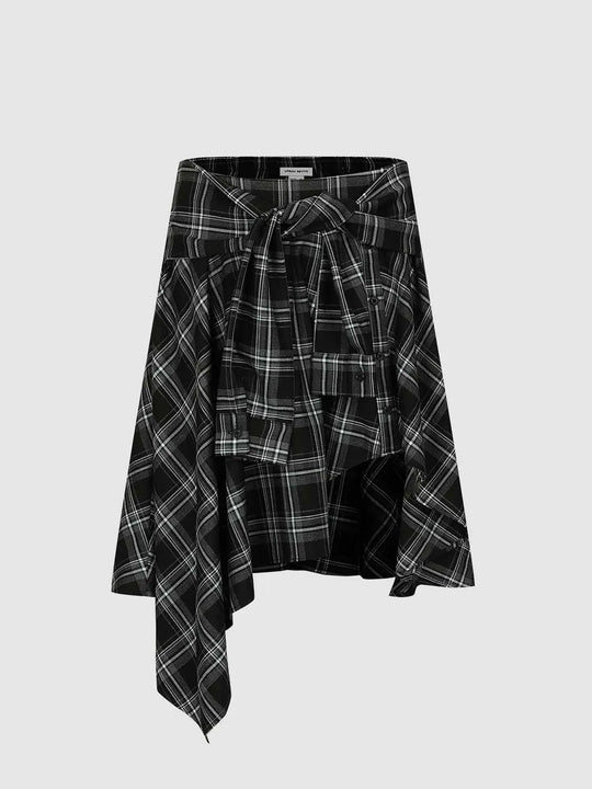 Polyester Contrast Check Knot Front Aline Midi Skirts