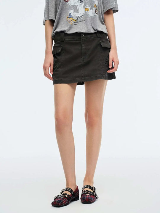 Flap Pocket A-Line Mini Skirts With Slight Stretch Fabric