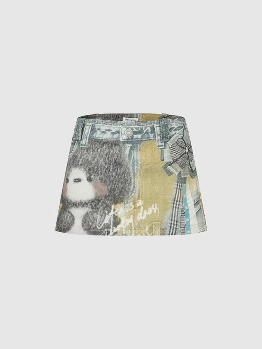 Printed Patchwork Denim With Graphic Motif Mini Skirts