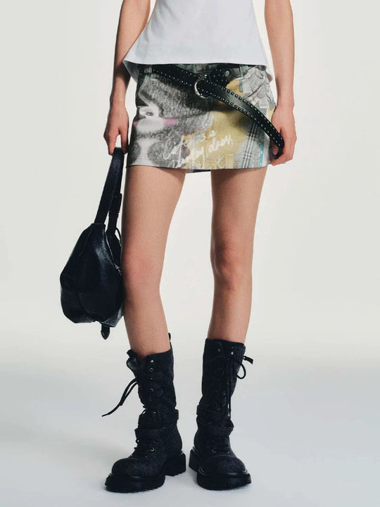 Printed Patchwork Denim With Graphic Motif Mini Skirt