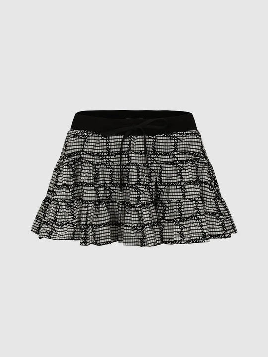 Contrast Check Pull On Tiered A-Line Mini Skirts