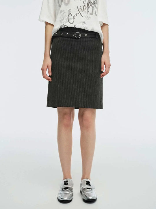 Belted Striped Back Slit Straight Midi Skirts