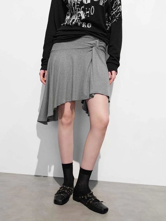 Asymmetric Knot Front Pleated Metallic Knit Midi Skirt