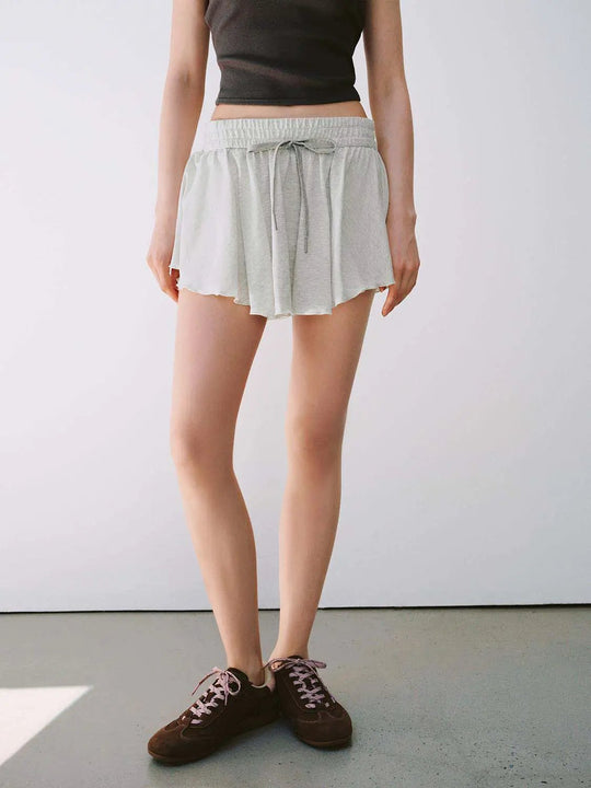 Cotton Drawstring Pull On Pleated Mini Skirt