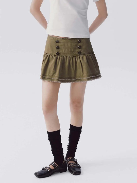 Cotton Button-Detail Pleated Frayed Hem Mini Skirt