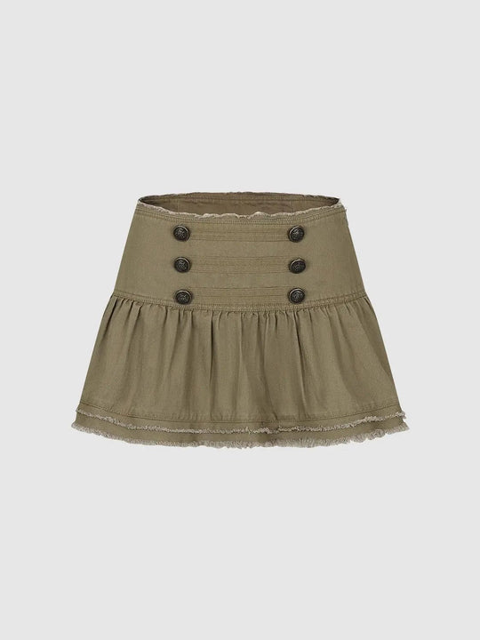 Cotton Button-Detail Pleated Frayed Hem Mini Skirt