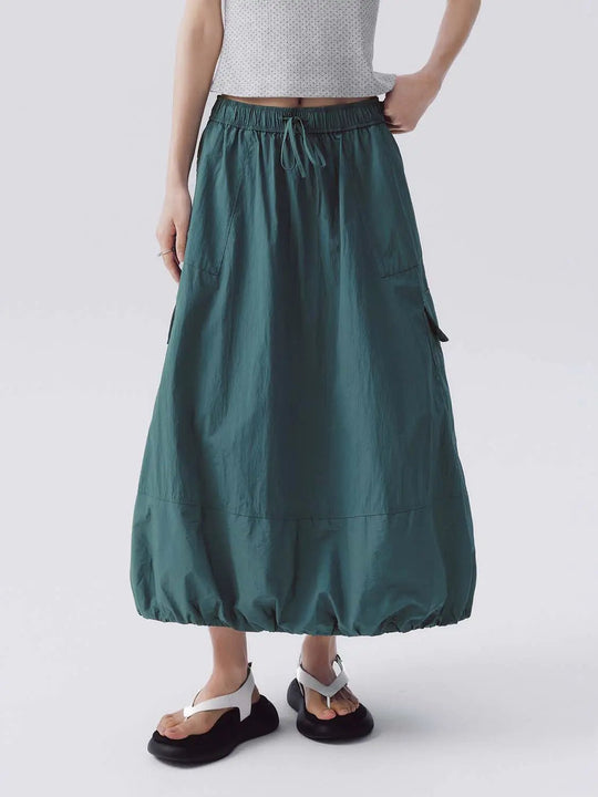 Cotton Drawstring Cargo Pocket A-Line Maxi Skirt