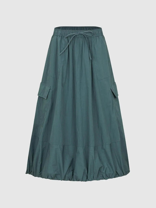 Cotton Drawstring Cargo Pocket A-Line Maxi Skirts