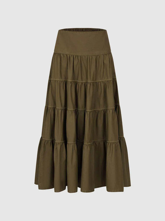 Tiered Gathered Cotton Lyocell Maxi Skirt