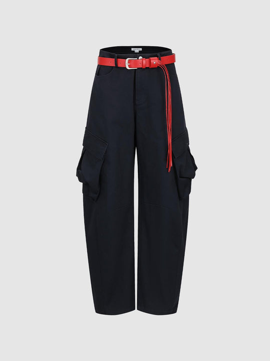 Belted Flap Pocket Barrel Leg Cargo Pants