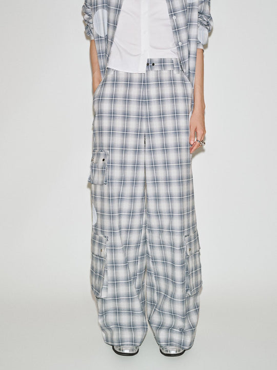 Flap Pocket Contrast Check Wide Leg Pants