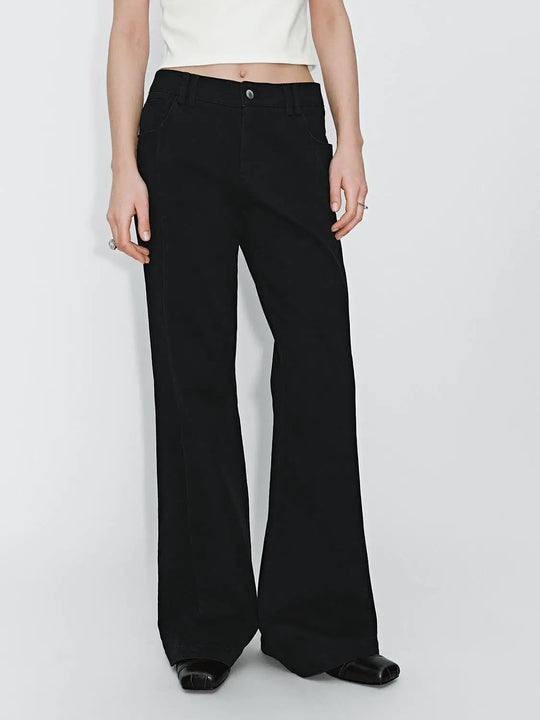 Cotton Blend Wide Leg Flare Black Casual Pants