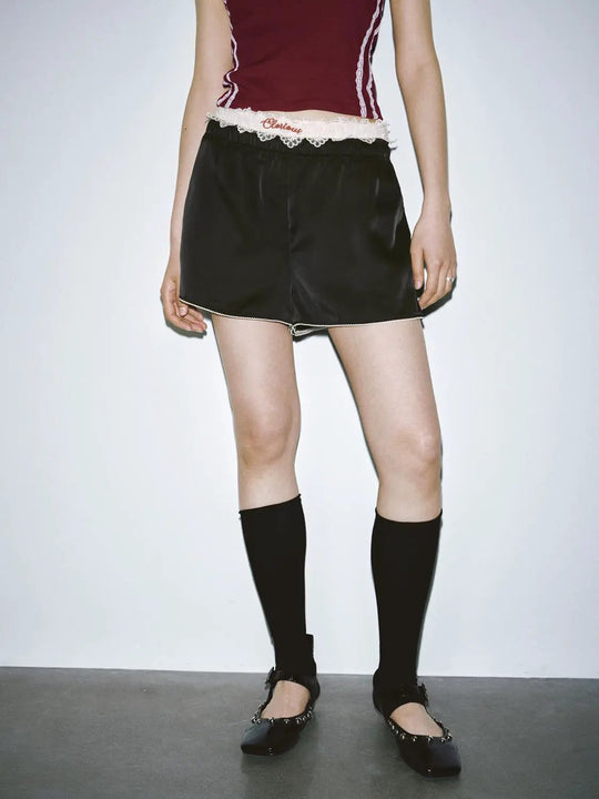 Lace Trim Lightweight Satin Fabric Thin Stretch Comfort Shorts